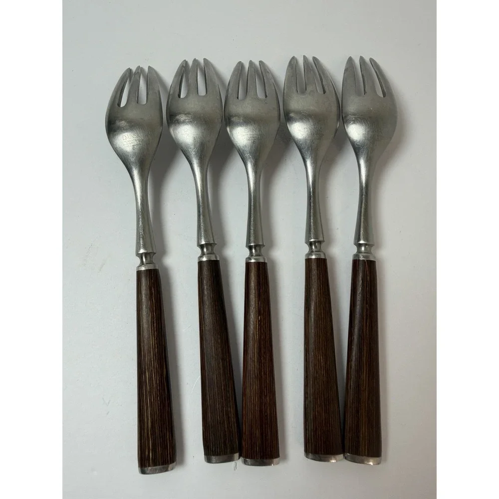 MCM Dansk Wood Accent Stainless Steel Salad Forks Jens Quistgaard Lot 5